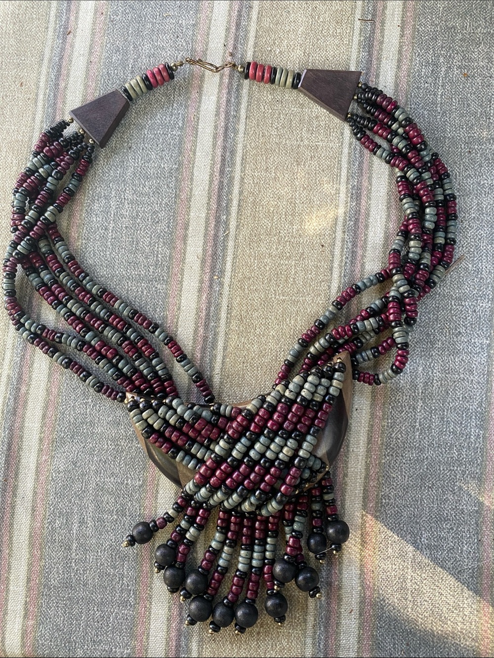 Handmade Multi-Strand Beaded Statement Necklace in Burgundy and Olive